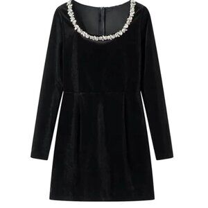 Velvet Style Mini Dress - Rhinestone Neckline Size S/M